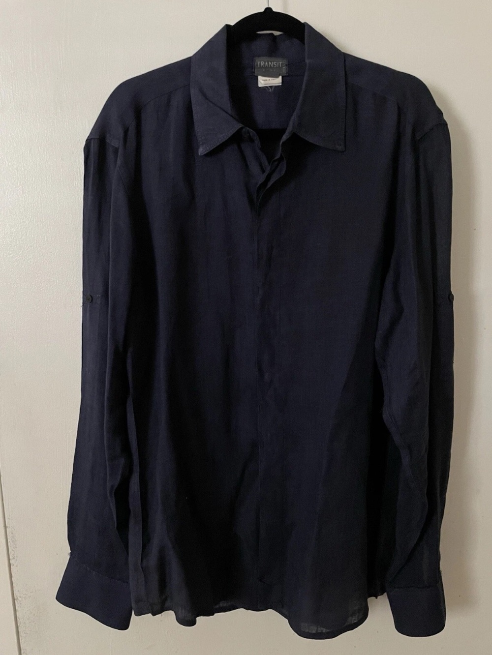Transit Uomo 363 Linen Shirt Mens Large Navy Blue Hidden Button Relaxed Italy